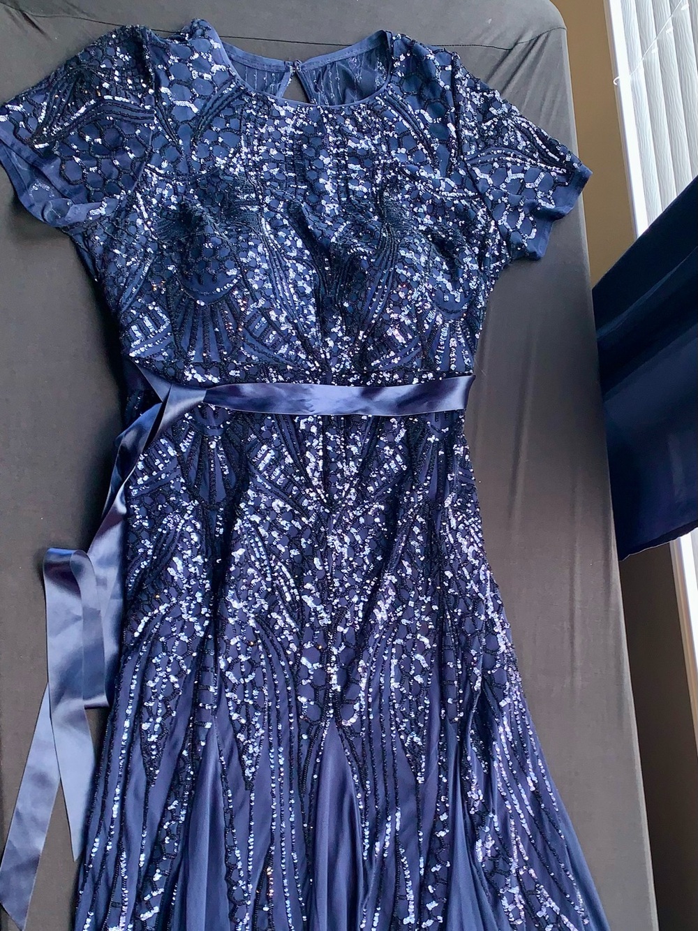 R&M Richards Navy Sequin Short-Sleeve Formal Dress with Satin Waist Sash